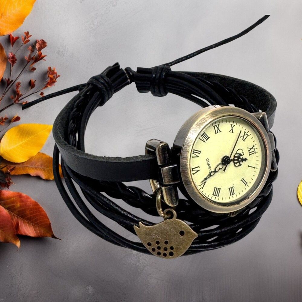 Black Wrap Ladies Women's Watch Wrap with Cute Bird Charm #1187 - Picture 2 of 8